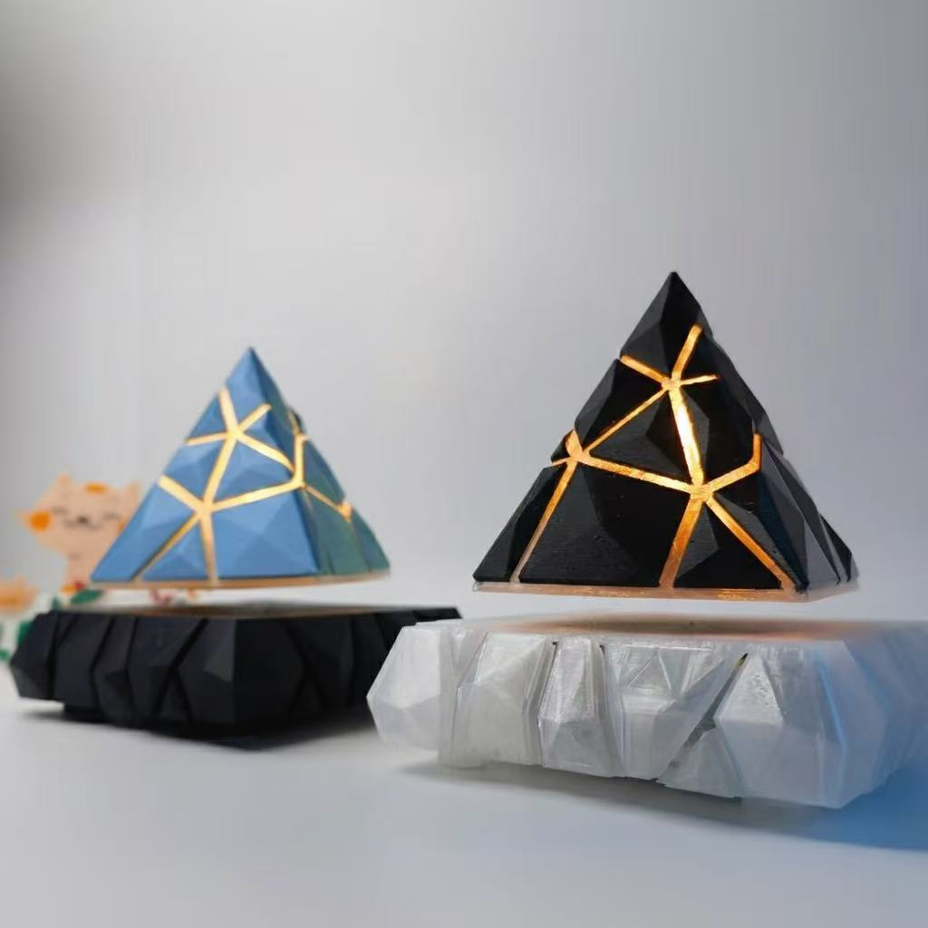 Levitating Pyramid Lamp, 3D Printed Magnetic Floating Desk Light, Sci-Fi "Time Fragment" Tech Gift